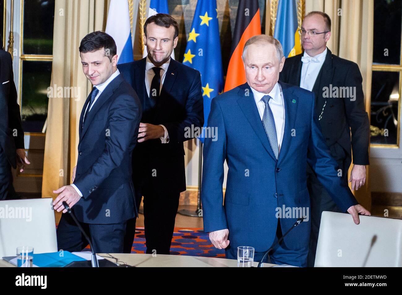 Der französische Präsident Emmanuel Macron, der ukrainische Präsident Volodymyr Zelenski, der russische Präsident Wladimir Putin bei einem Treffen der vier Führer der Normandie im Elysee-Palast in Paris, Frankreich, am 9. Dezember 2019. Foto von Eliot Blondt/ABACAPRESS.COM Stockfoto