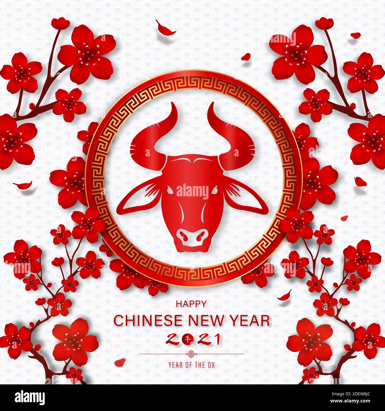 Happy Chinese New Year 2021 auf orientalischen Stil weiß Muster Hintergrund mit roten Blumen und chinesischen Text bedeutet Ochse Stock Vektor