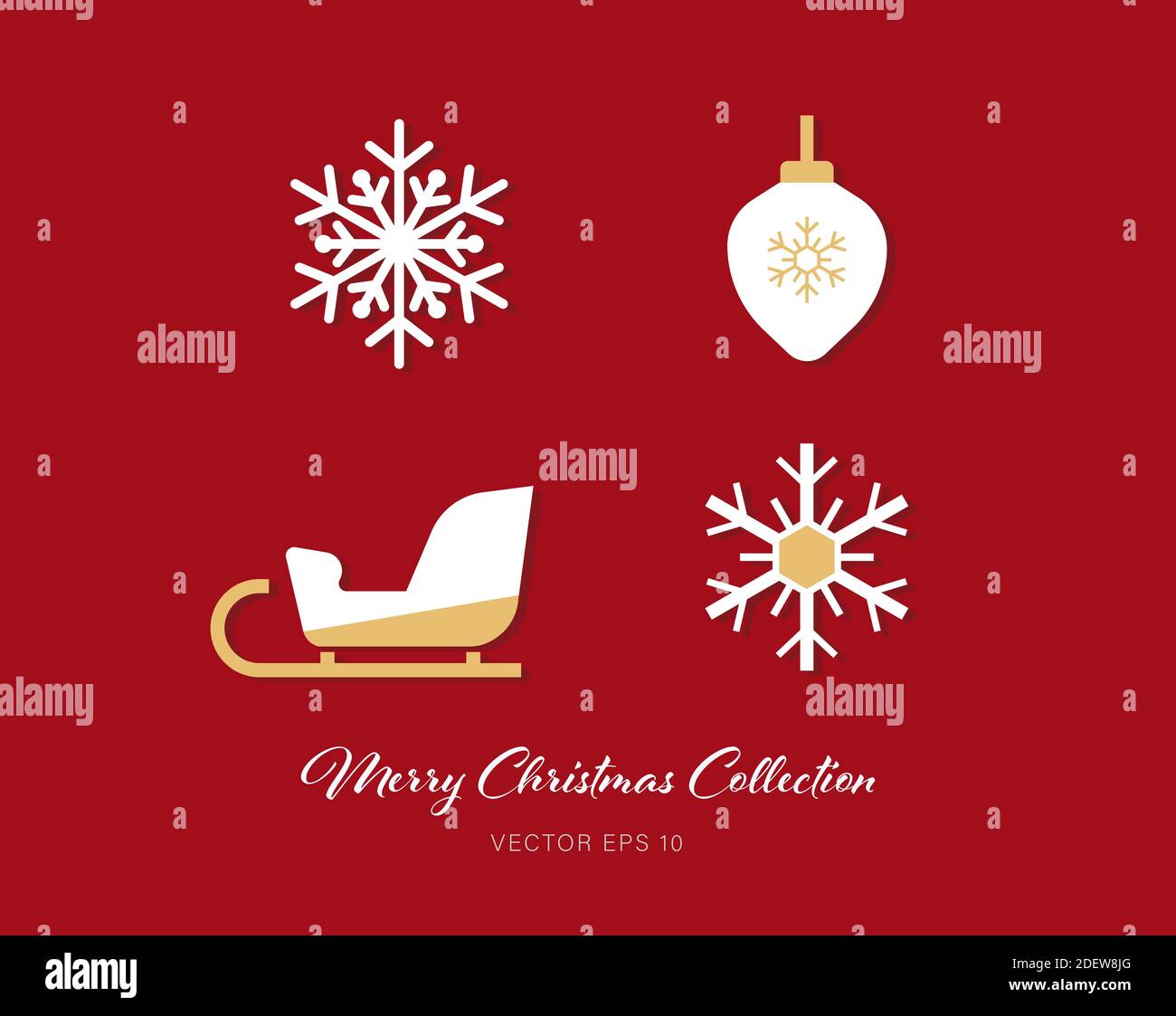 Schöne weiße und goldene Thema Weihnachten flache Ikone Satz von 4 Motive auf rotem Hintergrund Stock Vektor
