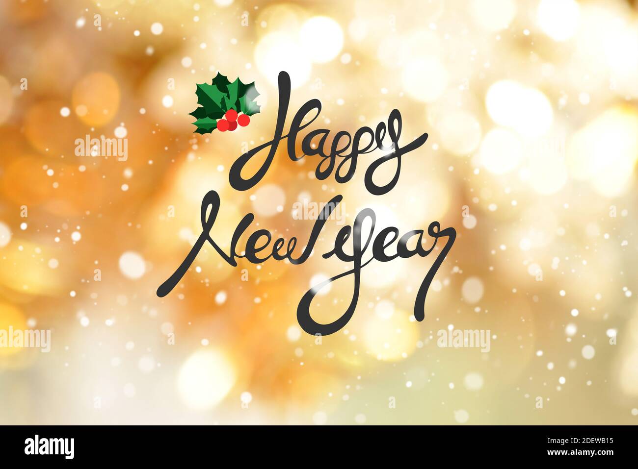 Happy New Year Text auf glänzenden Bokeh goldenen Hintergrund mit Schnee-Effekt Stockfoto
