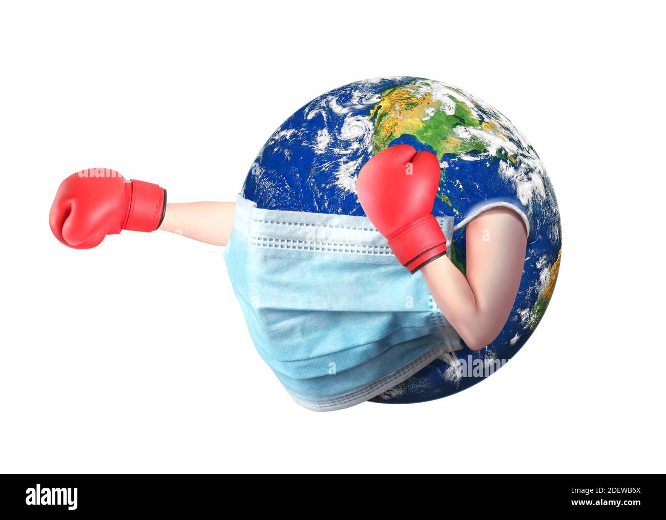 Mutter Erde trägt eine Gesichtsmaske mit Boxhandschuhen. Kampf gegen Coronavirus Konzept. Stockfoto