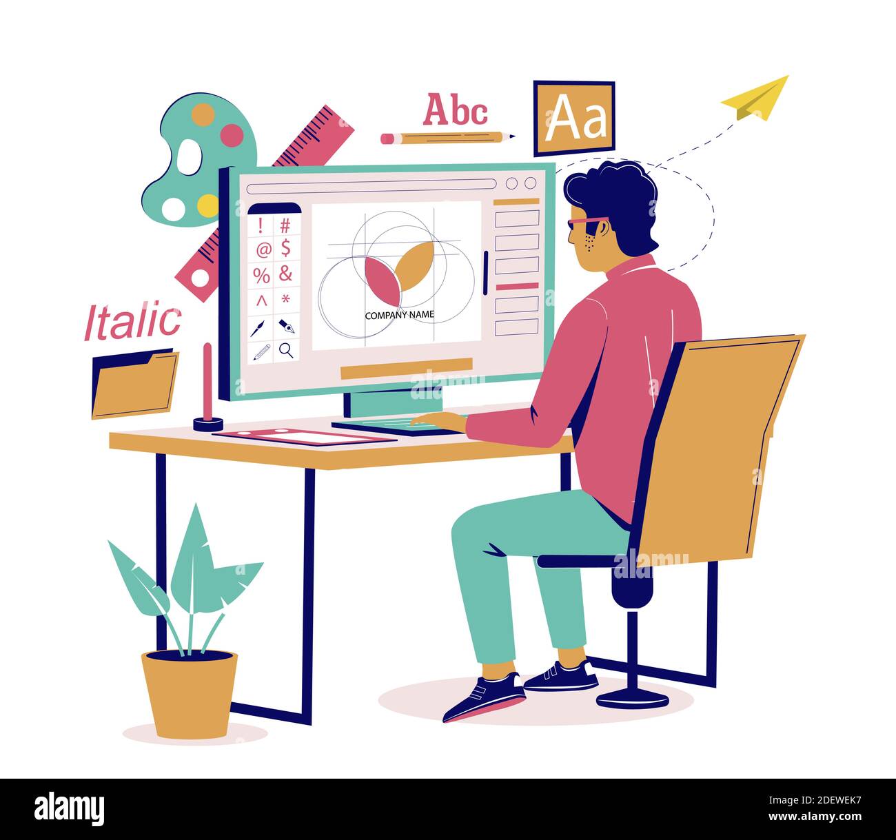 Grafik-Designer erstellen Logo-Design, Vektor flach isometrische Illustration. Stock Vektor