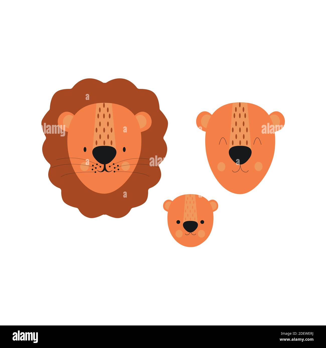 löwenkopf, Cartoon nette Tiere für Kinder Grußkarte und Einladung. Vektorgrafik. Leo, die Löwenfamilie Stock Vektor