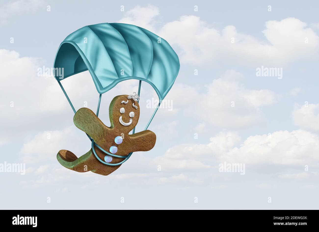 Lebkuchenmann mit einem Gesichtsmaske Konzept als Winterurlaub Saison Symbol für Gesundheit und Gesundheit Prävention von Krankheiten medizinische Geräte Fallschirm. Stockfoto