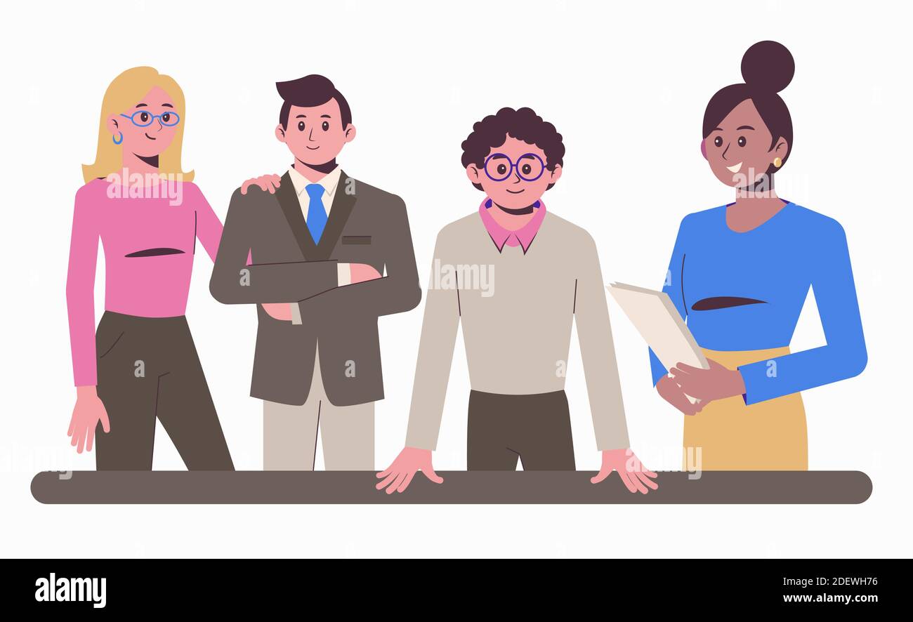 Gruppe von Büromitarbeitern am Arbeitsplatz. Flache Cartoon bunte Vektor-Illustration isoliert auf weißem Hintergrund. Stock Vektor