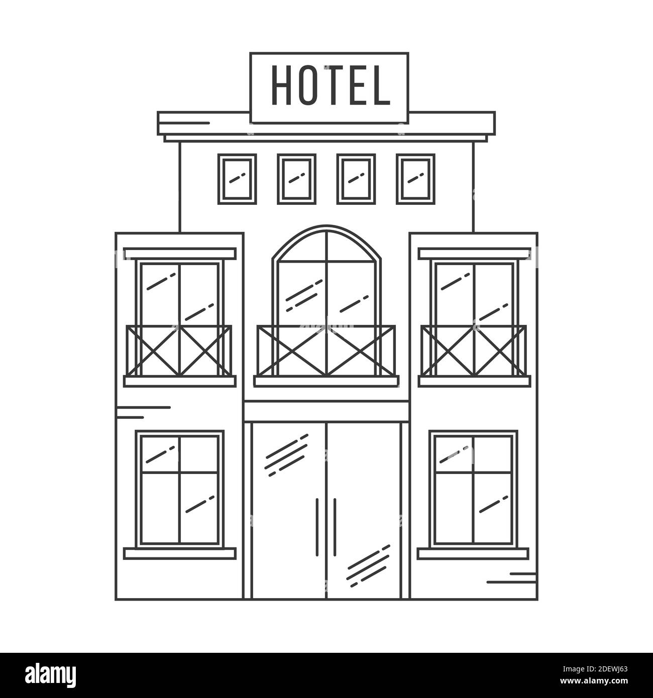 Gebäudebeschreibung des Hotels. Vektorgrafik auf weißem Hintergrund isoliert. Stock Vektor