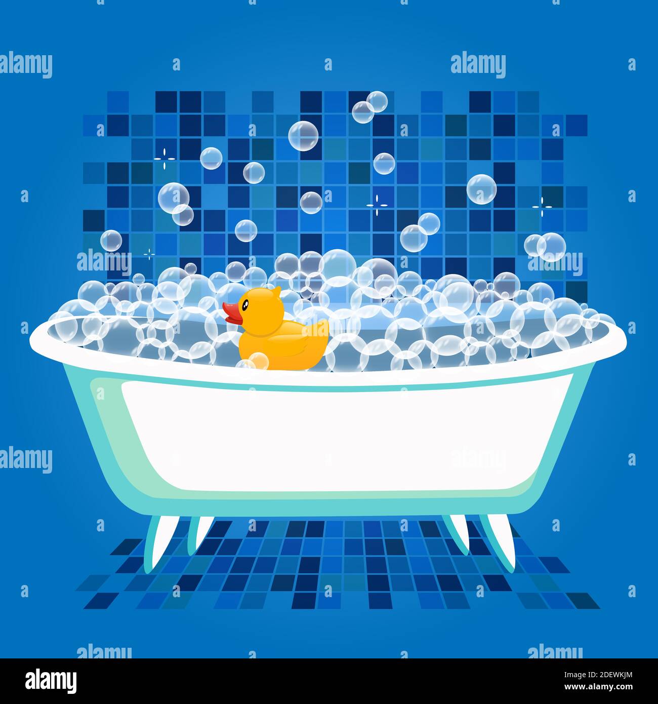 Bathtime Vektor-Illustration mit Badewanne und gelber Gummiente. Schaumwasser Schaum in Bad und Spielzeug. Cartoon flache Illustration Stock Vektor