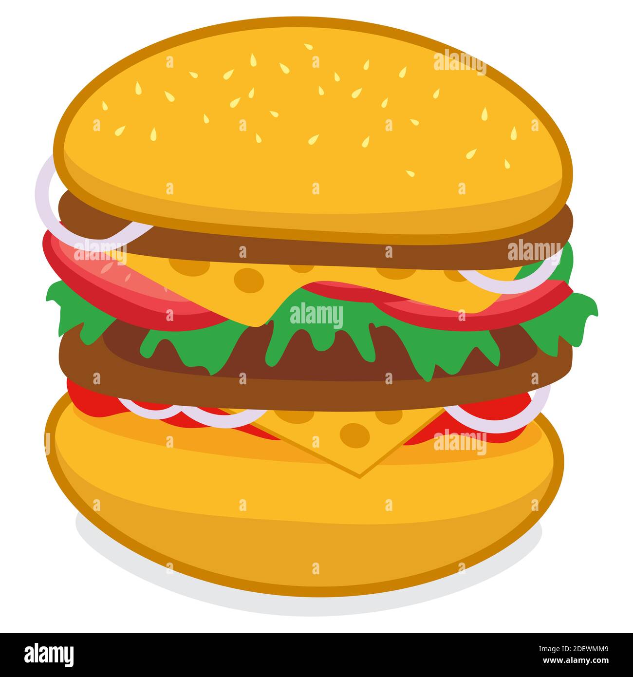 Fast Food Burger. Ein Hamburger mit Tomaten und Käse auf weißem Hintergrund. Stockfoto