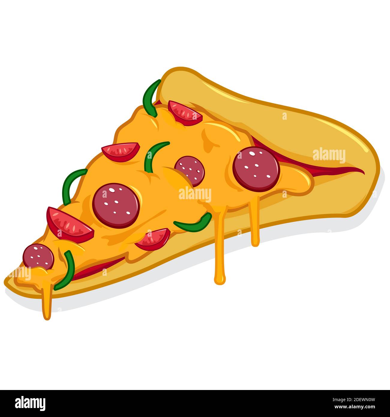 Köstliches Stück italienische Pizza mit tropfend geschmolzenem Mozzarella-Käse, Salami-Pfeffer und Tomaten. Pepperoni Pizzascheibe. Stockfoto