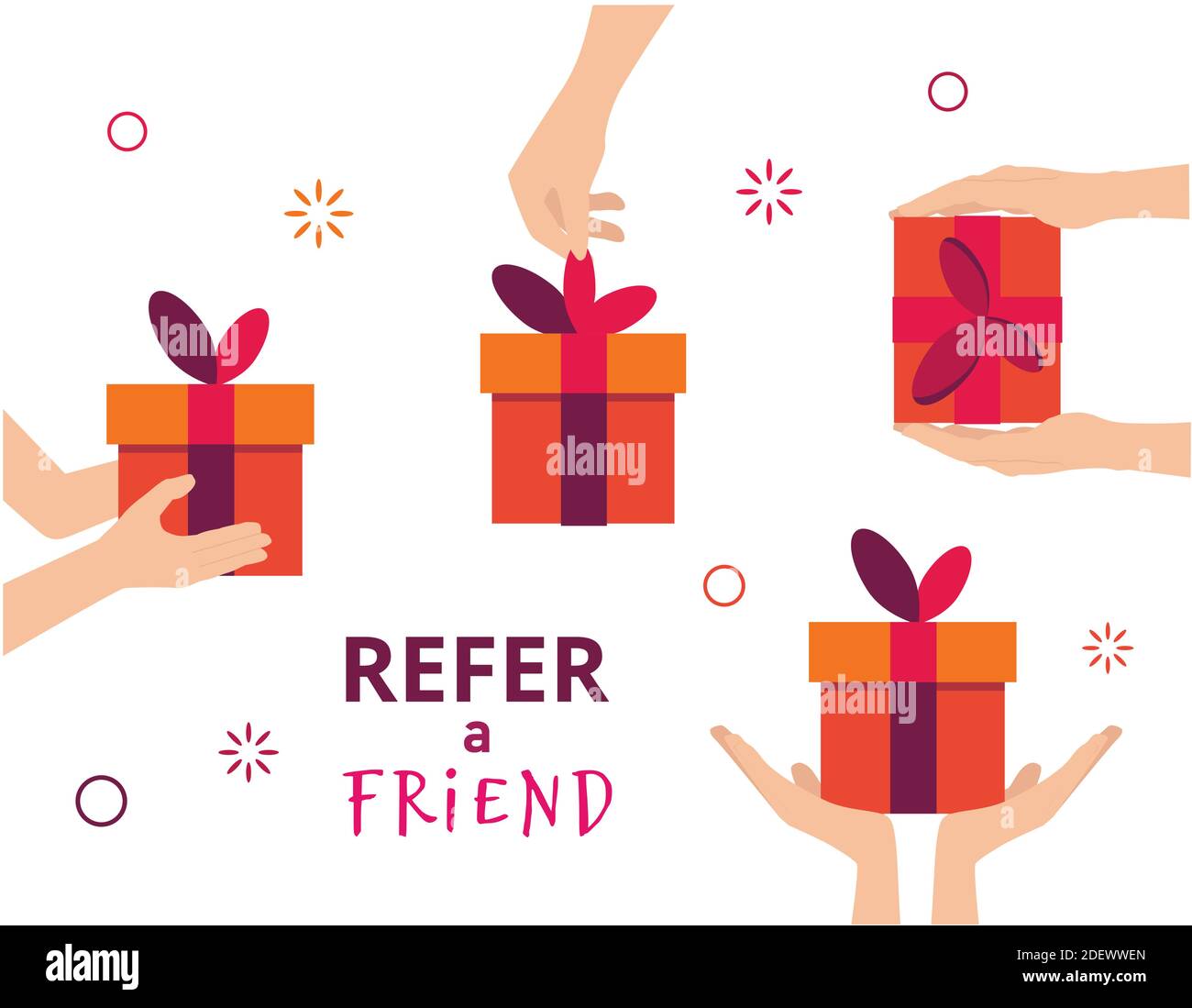 Empfehlen Sie einen Freund. Empfehlungsmarketing-Konzept. Abbildung von zwei Personen Hände und Geschenk-Box. Vektorgrafik flach Stock Vektor