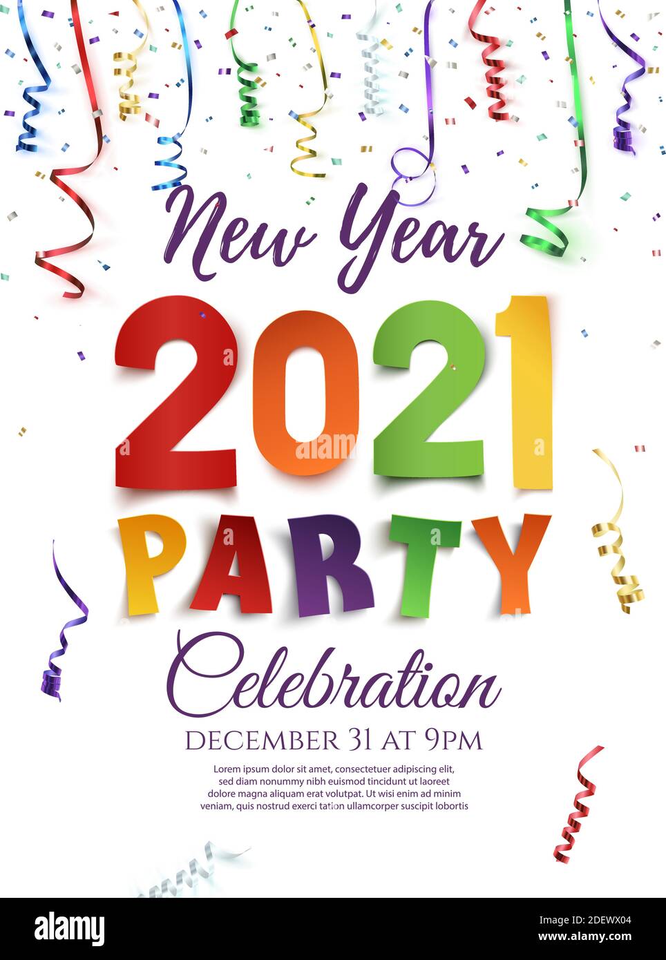 Silvester 2021 Party Poster Vorlage mit Konfetti und bunten Bändern. Stock Vektor