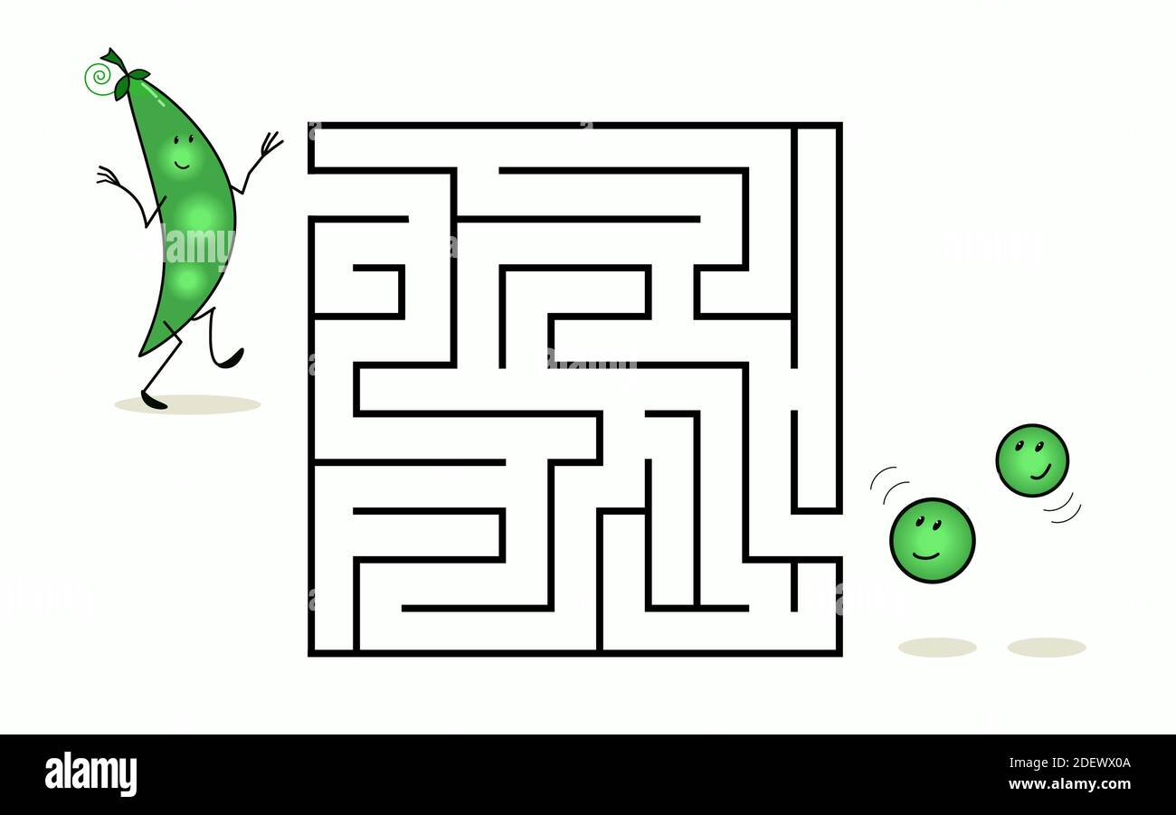 Quadratisches Labyrinth Labyrinth mit Comic-Figuren. Niedliche grüne Erbse. Interessantes Spiel für Kinder. Arbeitsblatt für die Ausbildung. Stock Vektor