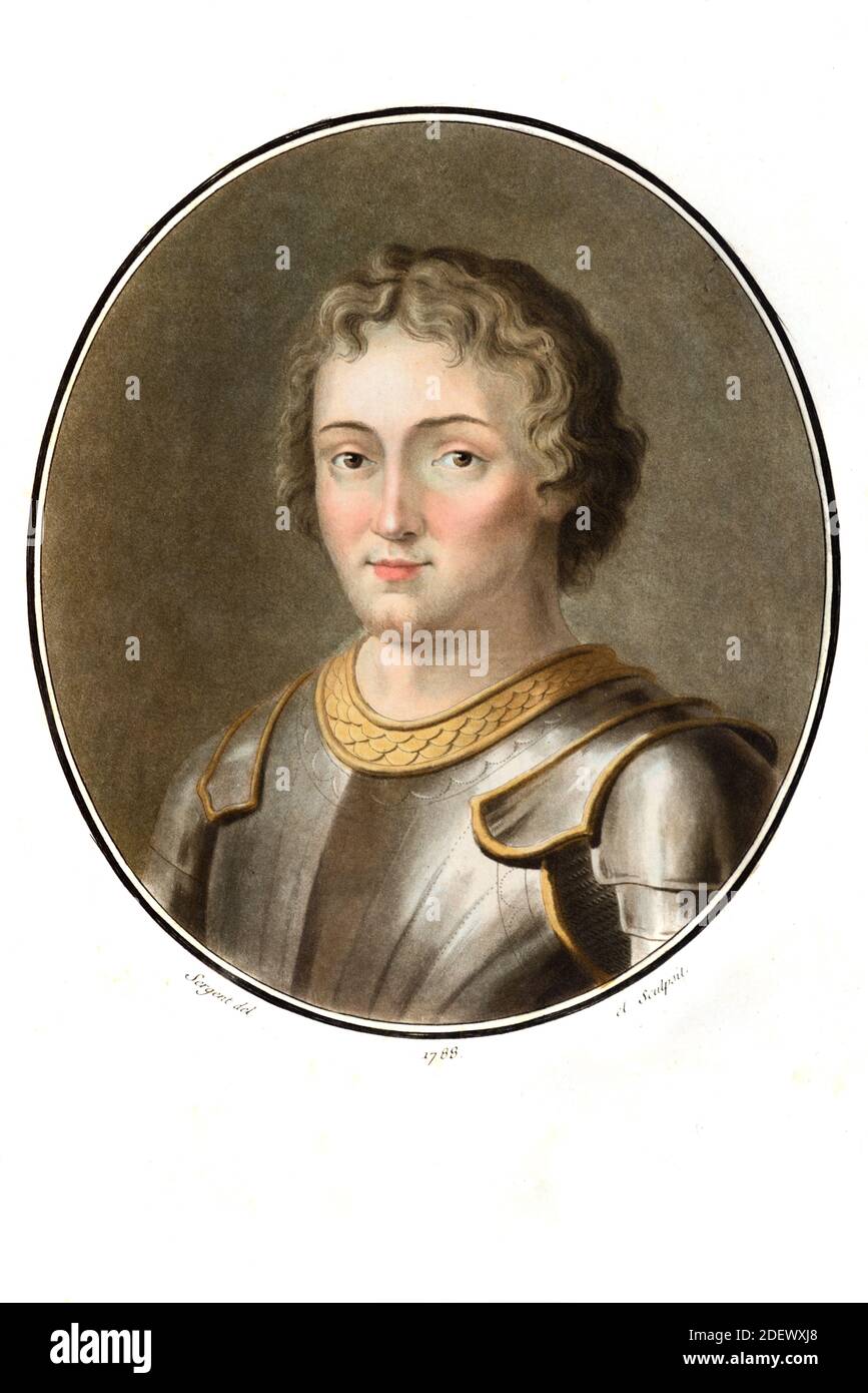 Porträt von Gaston de Foix (1489-1512) Herzog von Nemours, französischer General und Militärkommandant mit Rüstung (Gravur 1788 von Sergent) Gravur oder Illustration Stockfoto