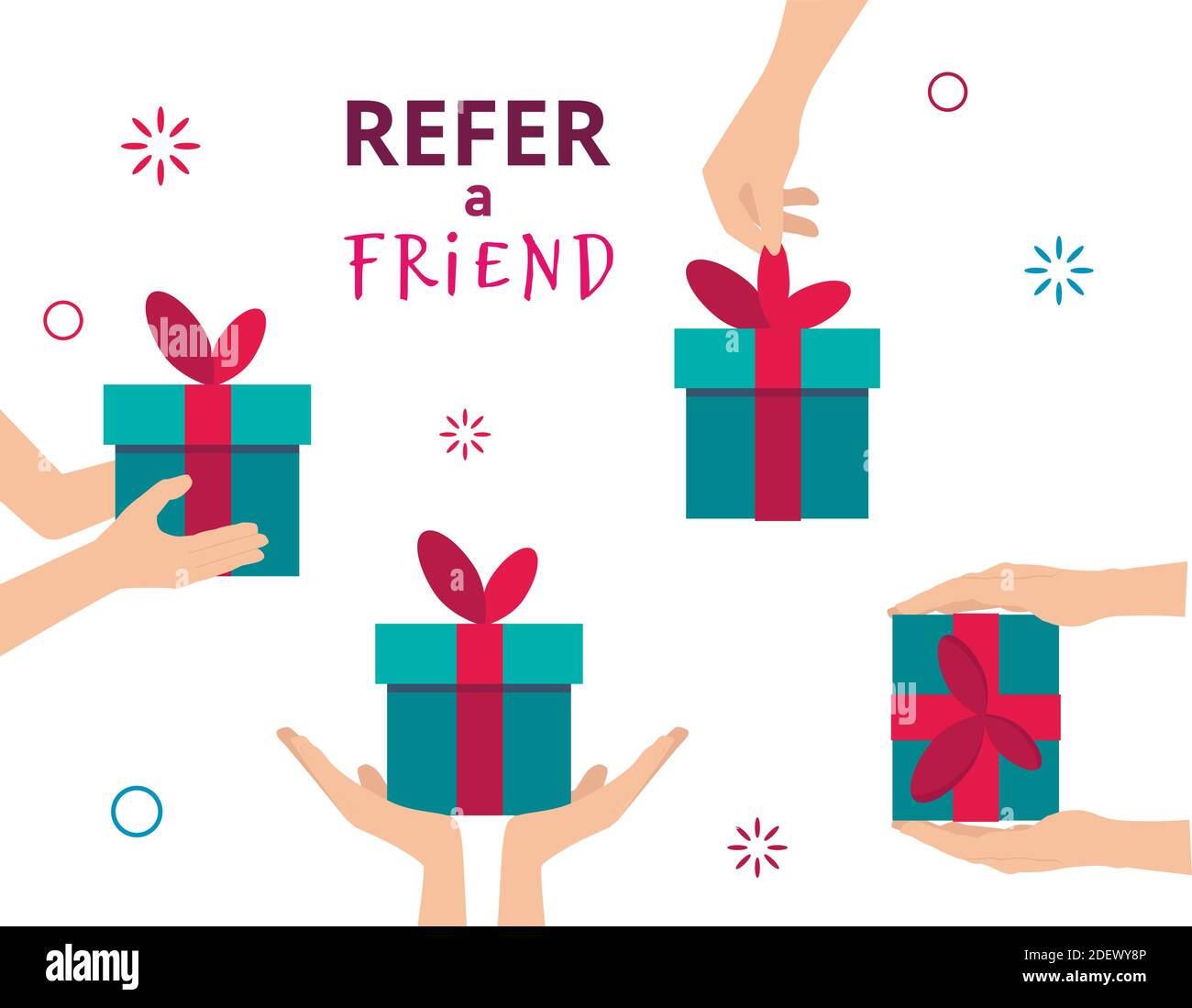 Empfehlen Sie einen Freund. Empfehlungsmarketing-Konzept. Abbildung von zwei Personen Hände und Geschenk-Box. Vektorgrafik flach Stock Vektor