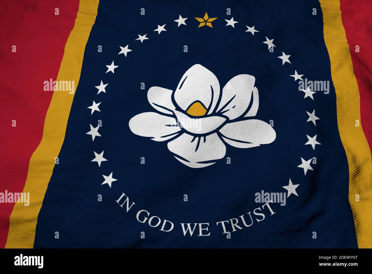 Vollbildaufnahme einer winkenden Flagge von Mississippi (USA) in 3D-Rendering. Stockfoto