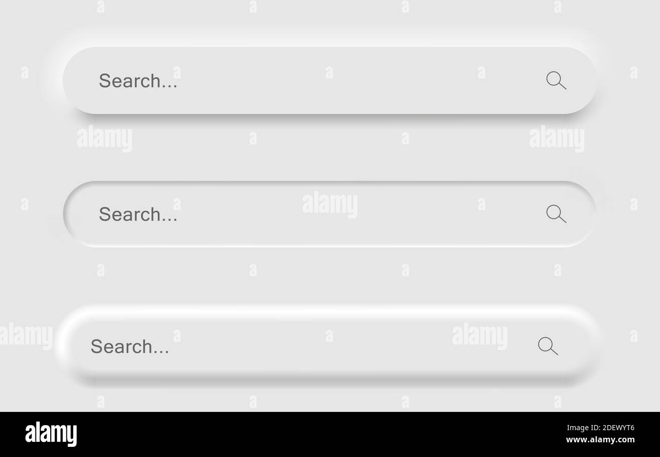 Set von weißen Suchleiste Formularvorlagen der neomorphen Schnittstelle. Neomorphism trendy 2020 Design-Elemente, UI-Komponenten. Vektor-Layout-Illustration iso Stock Vektor