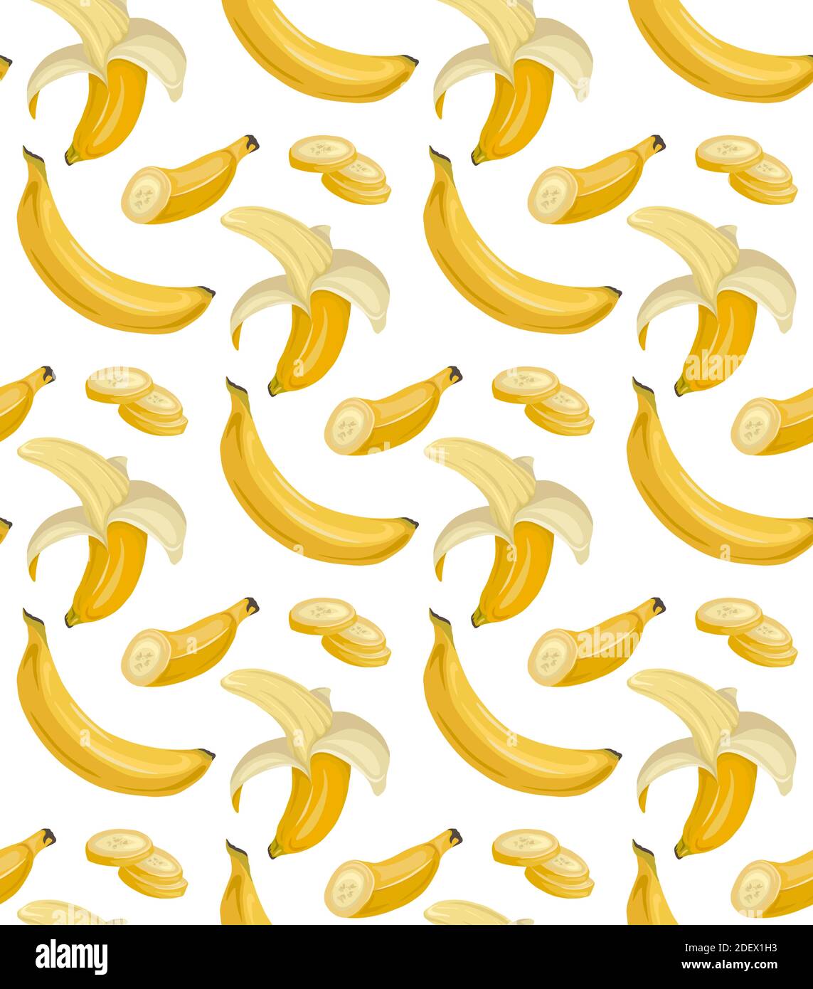 Cartoon nahtlose Muster mit verschiedenen saftigen Bananen auf weißem Hintergrund. Tropische, trendige Früchte. Vektor-Muster für Stoffe, Tapeten und Ihre Kreat Stock Vektor