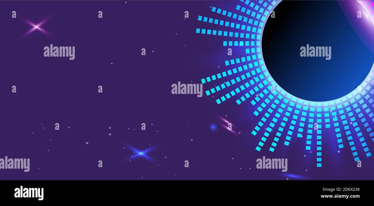 Abstrakter dunkelvioletter Hintergrund. Hellblauer futuristischer Equalizer im Raum. Planet Sound horizontales Banner. vektor-Illustration. Stock Vektor