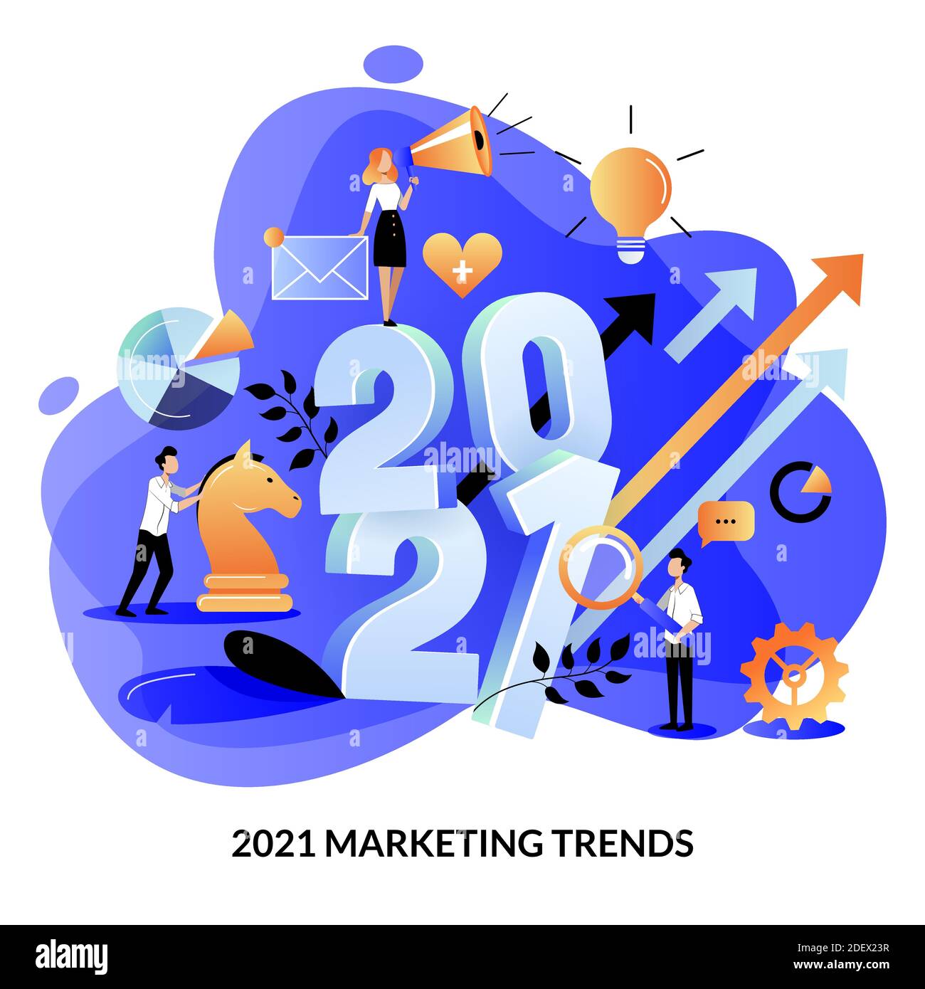 Digitale Marketing-Trends, Strategie und Business-Plan für das neue Jahr 2021. Erwartungs- und Perspektivkonzept. Vektor flache Cartoon-Illustration für Web Stock Vektor