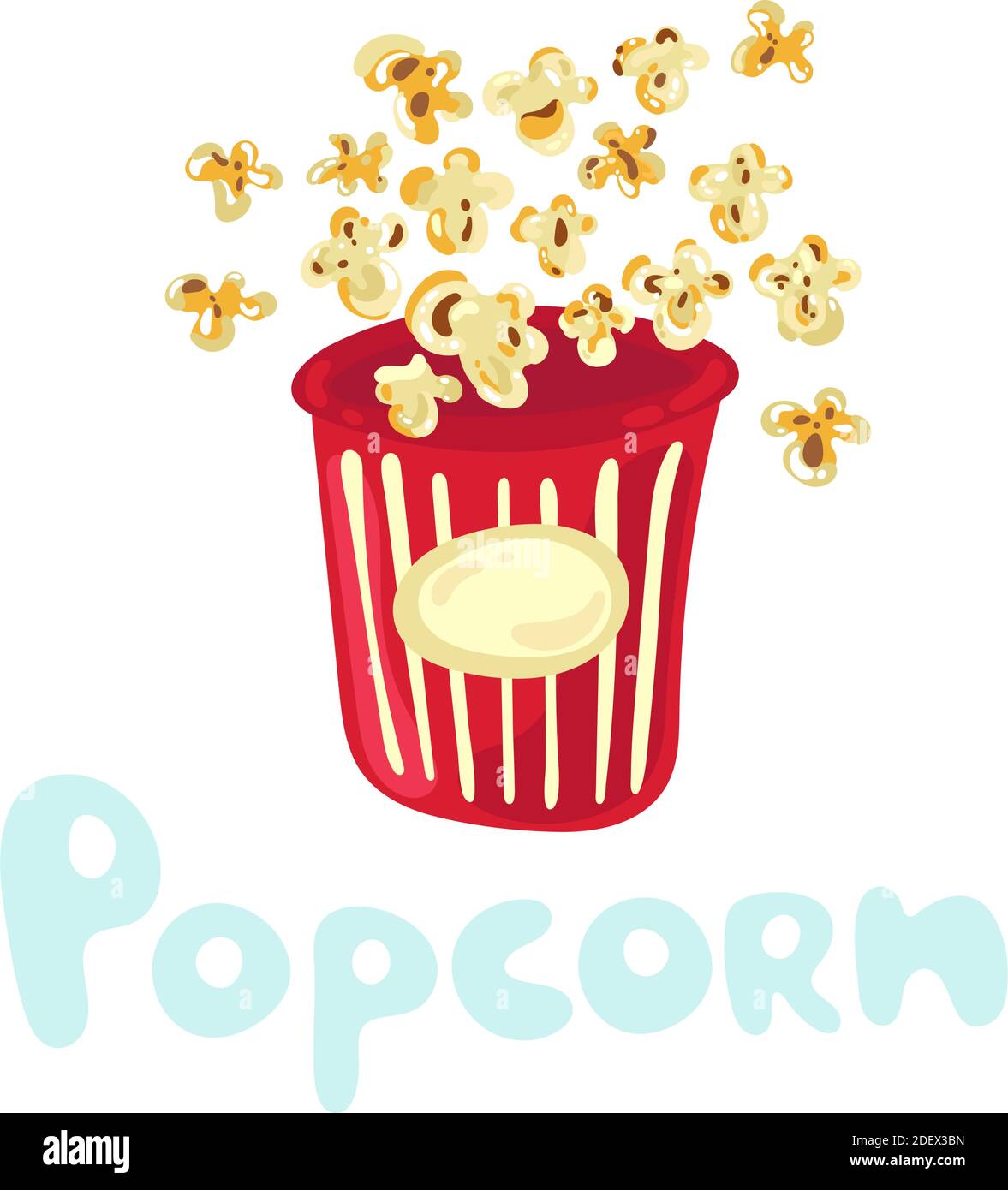 Niedliches Popcorn, das aus gestreiftem Karton auf weißem Hintergrund isoliert fliegt. Übersäter Haufen von Maiskörnern. Filmkonzept. Flache Abbildung, Doodle Stock Vektor