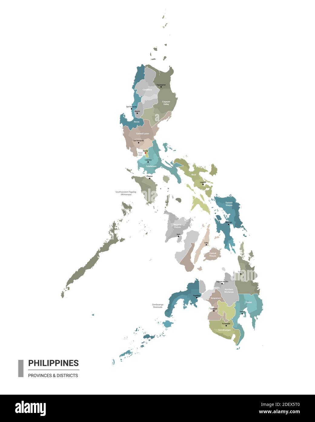 Philippinen Higt Detailkarte mit Unterteilungen. Administrative Karte der Philippinen mit Bezirken und Städten Namen, farbig nach Staaten und administrativ Stock Vektor