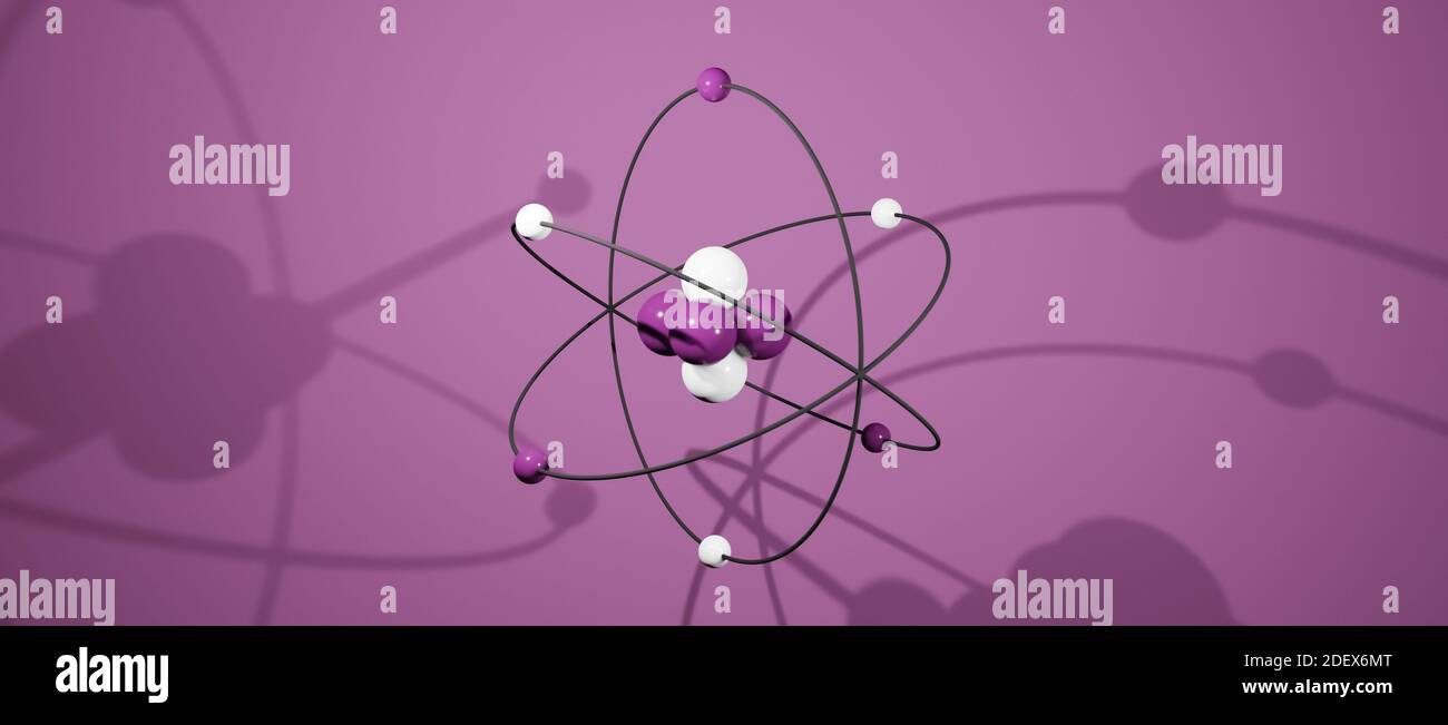 3D-Modell eines Atoms mit Atomkern, Elektronen, Protonen und Neutronen umkreisen, Kreisbahn, cgi Rendering Illustration, lila Hintergrund, Rendering Stockfoto