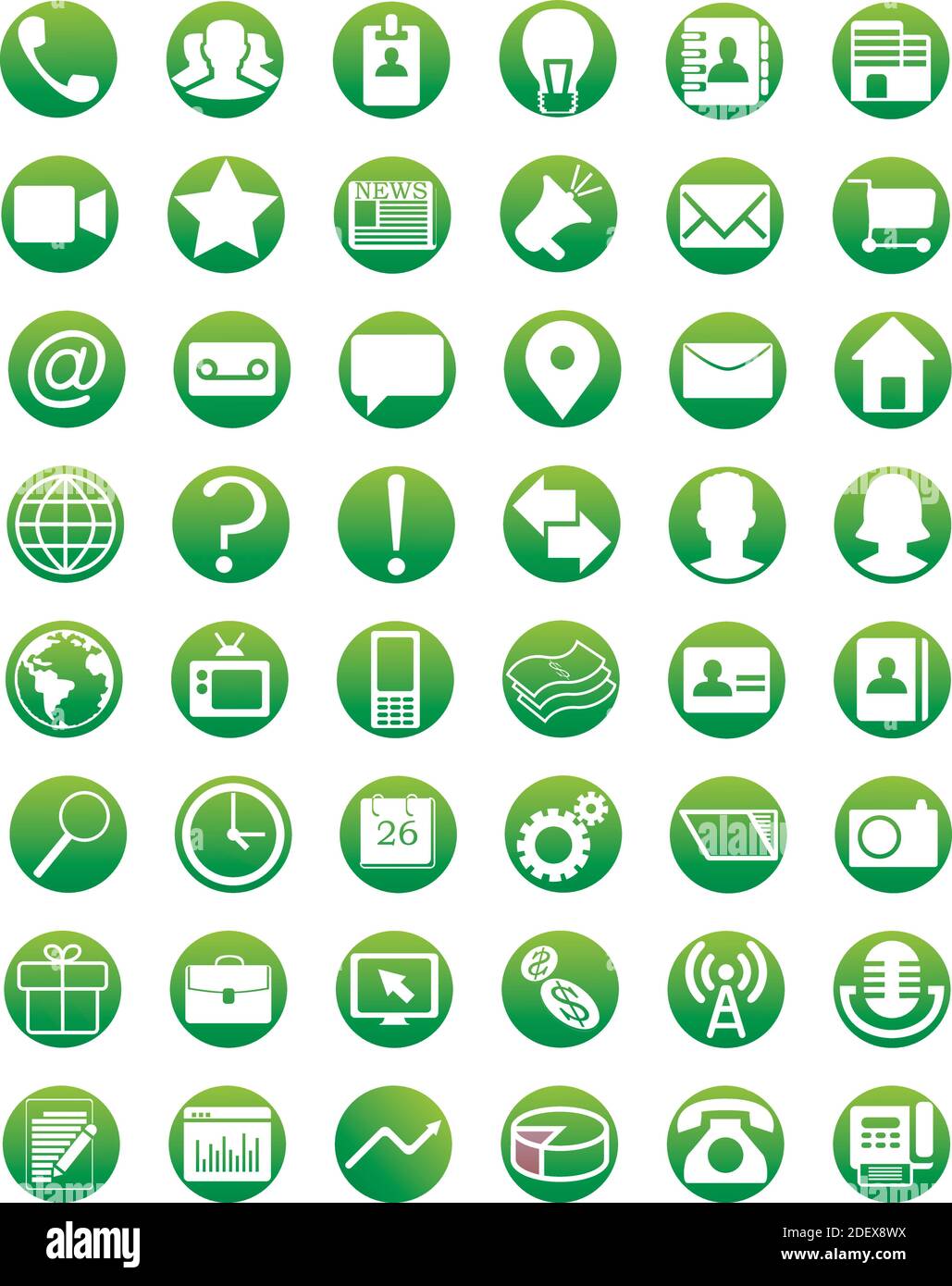 Medien- und Kommunikationssymbole in Kreisen isoliert auf weißem Hintergrund. Web- und Internet-Symbole. Symbolsammlung. Stock Vektor