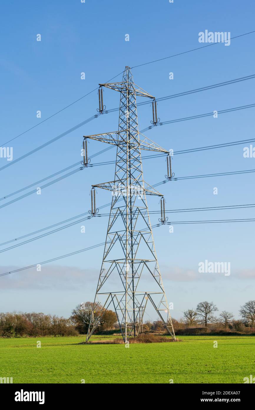 Strommast in einem Feld mit blauem Himmel. Bishop's Stortford, Hertfordshire. VEREINIGTES KÖNIGREICH. (Aufrecht) Stockfoto
