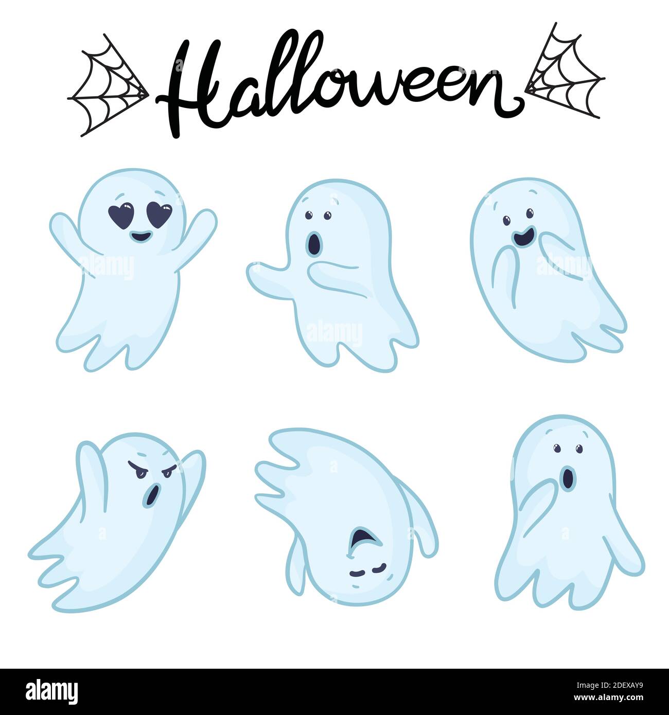 Eine Gruppe von Geistern. Halloween-Konzept. Vektorgrafik Cartoon Illustrationen. Isolierte Objekte auf weißem Hintergrund. Handgezeichneter Stil. Stock Vektor