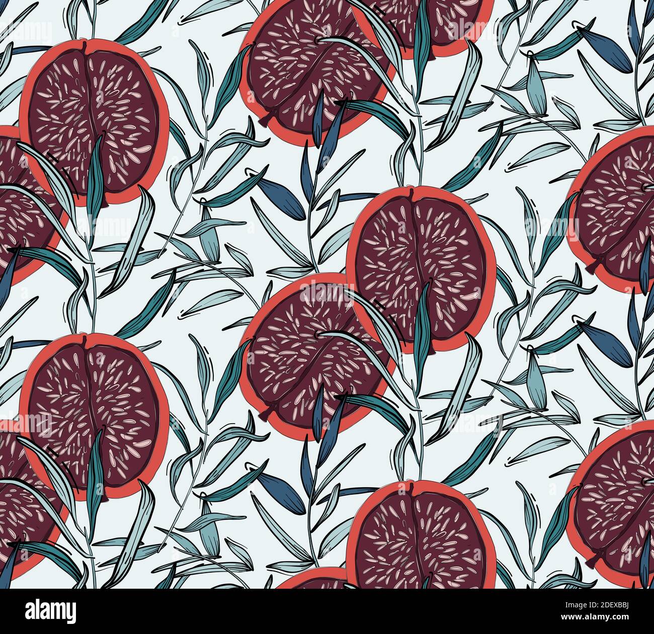 Blumenmuster, Blätter und roter Granatapfel-Feigenhintergrund. Botanical Nahtloses Muster, modische Textur, afrikanische Motive. Beach exotische Sommer Kollektion Stock Vektor