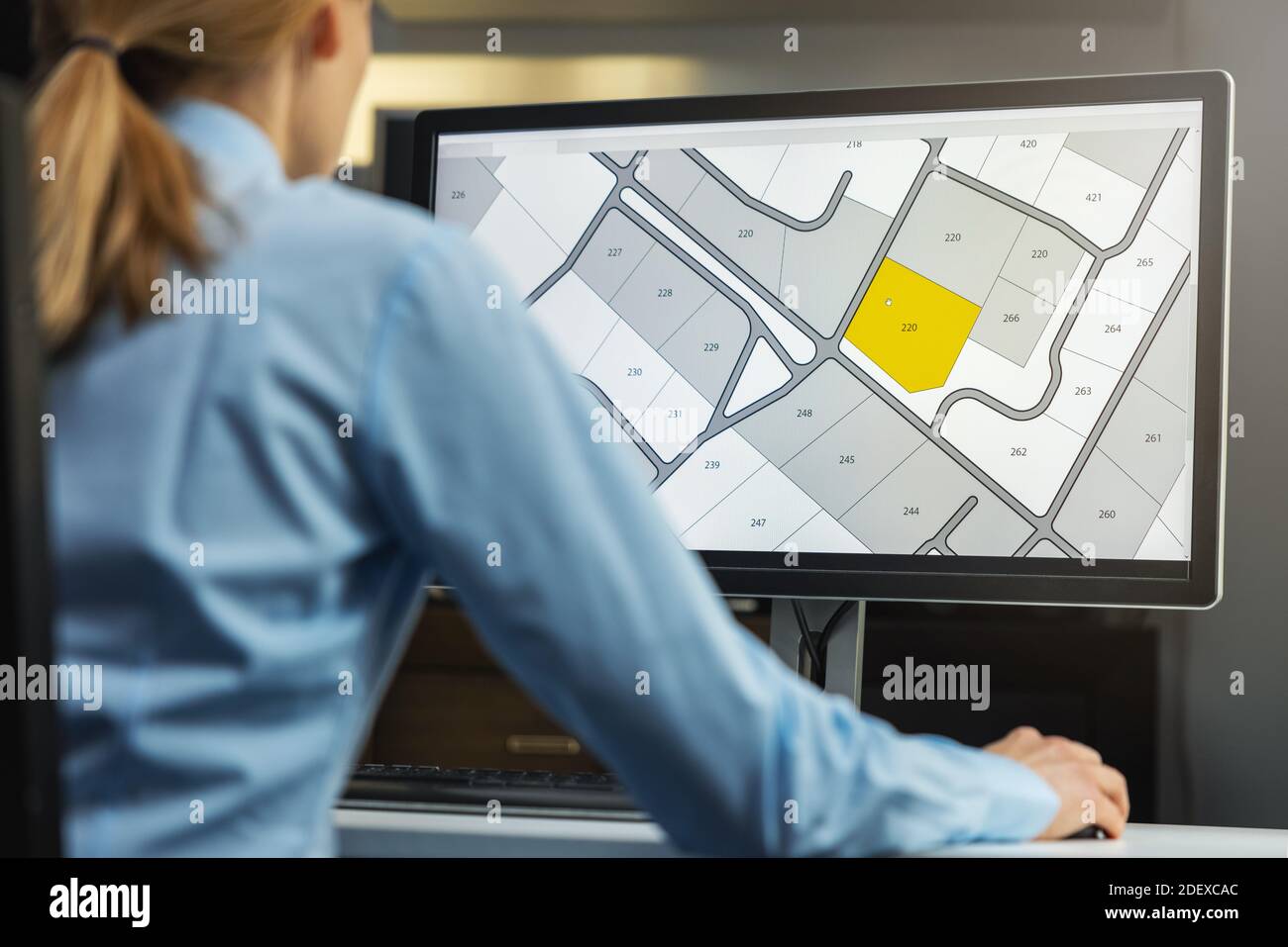Frau, die mit der digitalen Katasterkarte Land Register-Datenbank arbeitet Computer im Büro Stockfoto