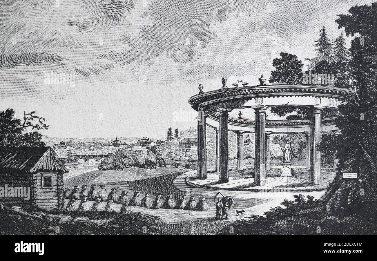 Alexander Landhaus (Alexandrova Data). Tempel von Ceres im Garten. Gravur des 19. Jahrhunderts. Stockfoto