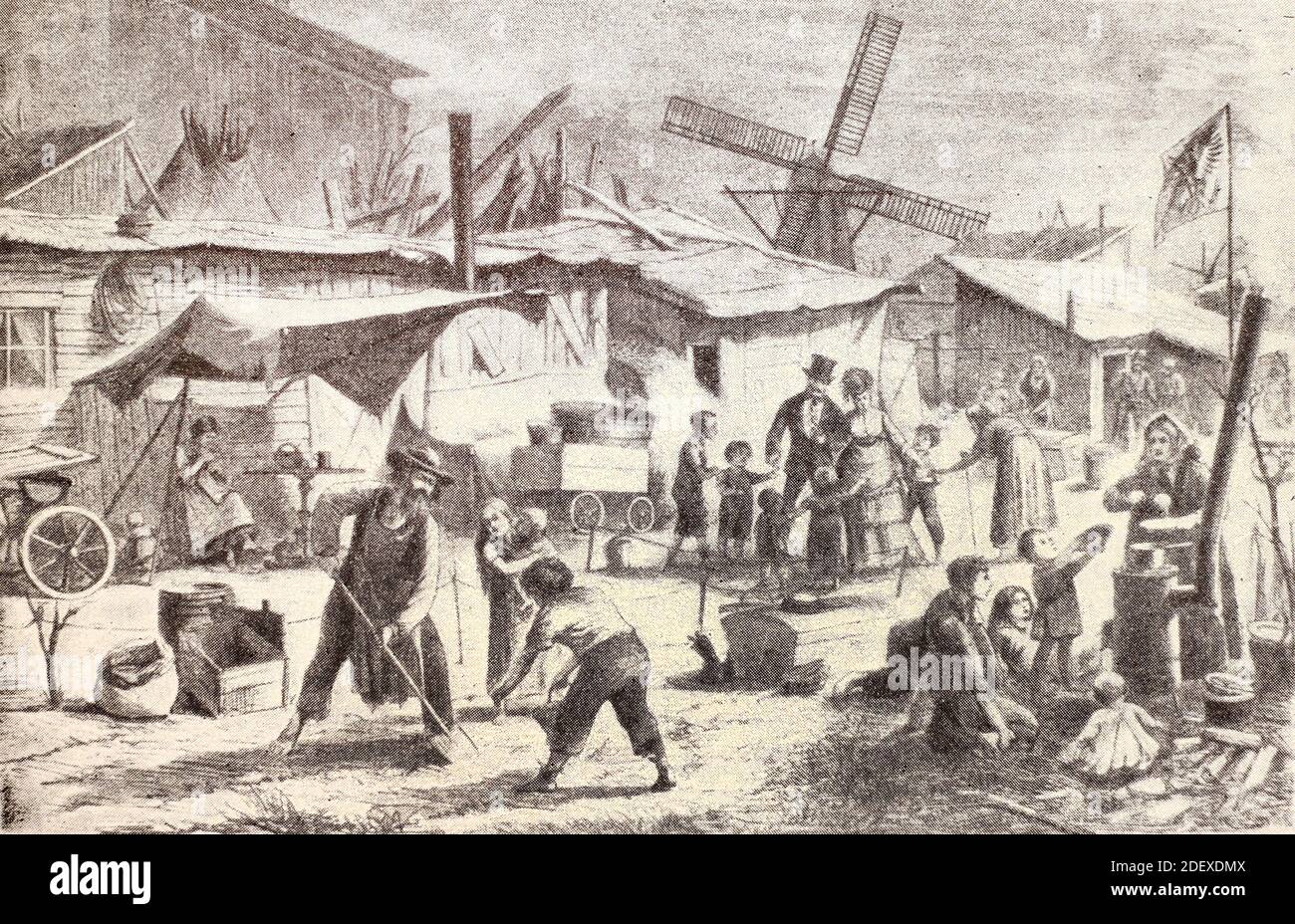 Arme Hütten am Stadtrand von Berlin. Gravur von 1872. Stockfoto