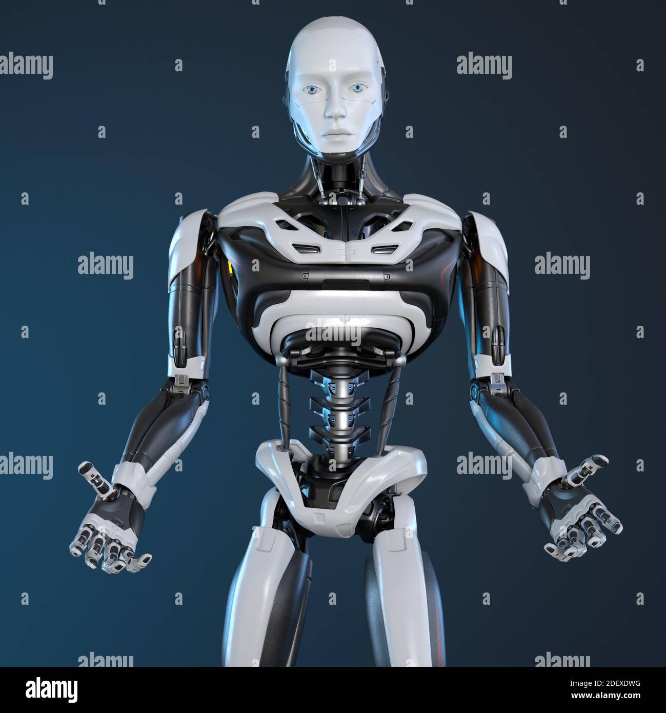 Roboter android posiert auf einem dunklen Hintergrund. 3D-Illustration Stockfoto