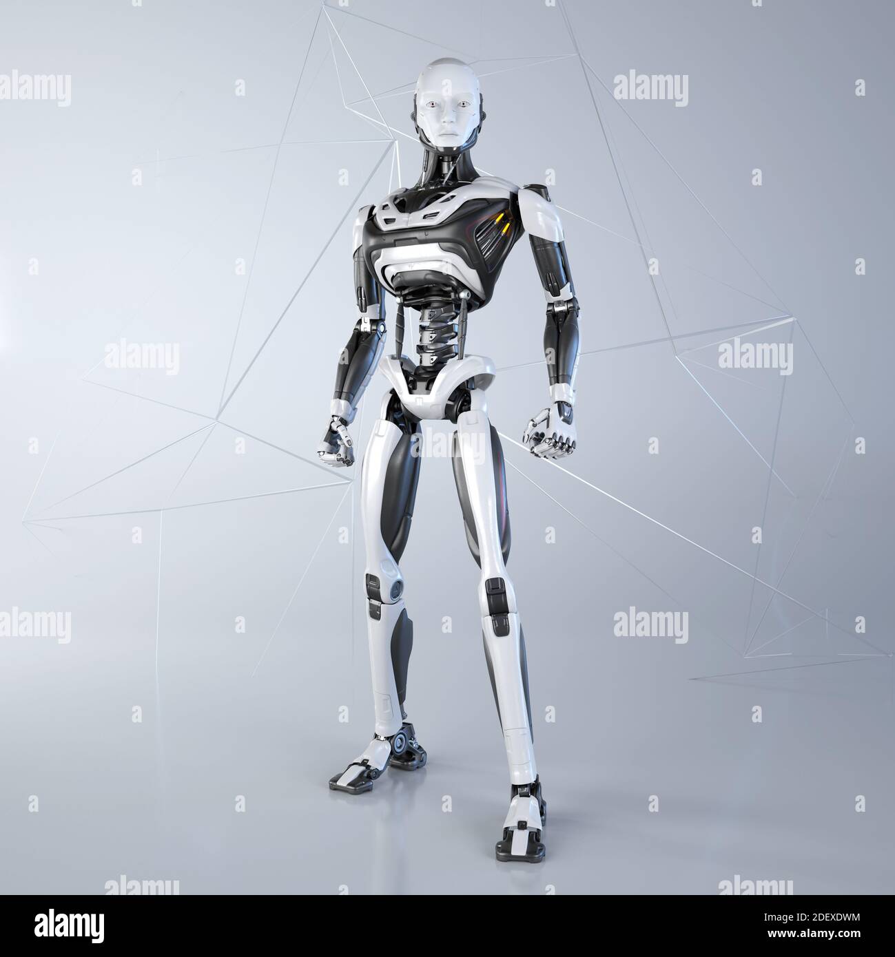 Roboter Android auf einen hellgrauen Hintergrund posiert. 3D-Darstellung Stockfoto