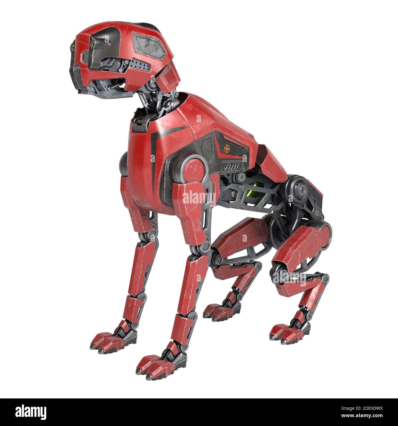 Red Robot Hund sitzt. Isoliert auf weißem Hintergrund. 3D-Illustration Stockfoto