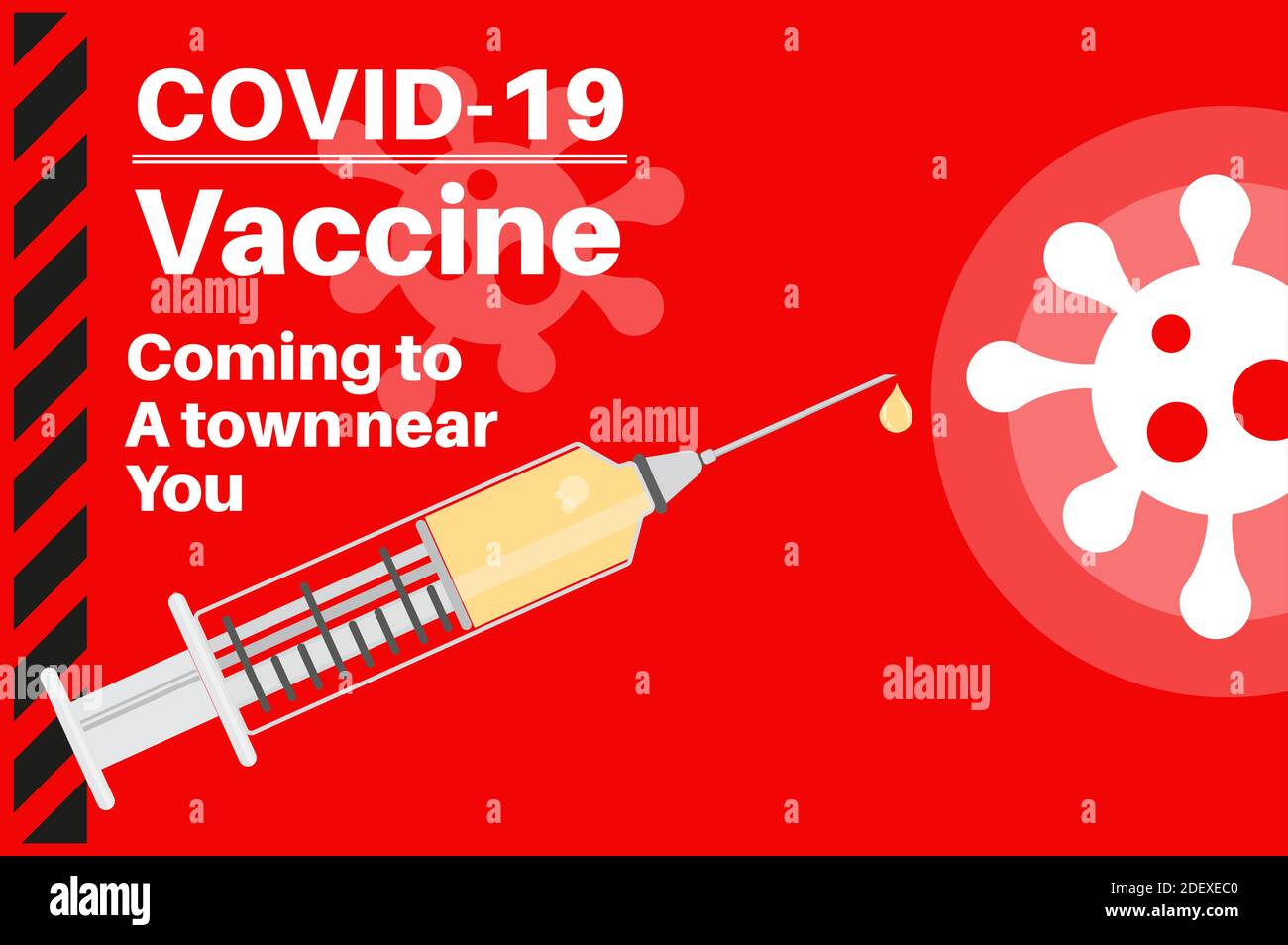 Zugelassener Covid-19-Impfstoff kommt in eine Stadt in Ihrer Nähe dieses Weihnachten Vektor-Illustration mit Virus-Logo auf einem roten Hintergrund. Stock Vektor