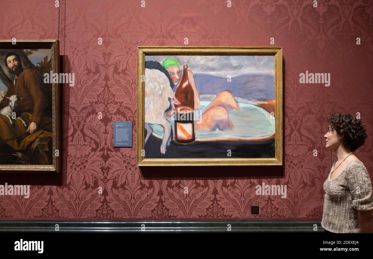 The National Gallery, London, Großbritannien. Dezember 2020. Die Nationalgalerie wird am 2. Dezember mit einer Ausstellung von Rosalind Nashashibi (im Bild), 2020 National Gallery Artist in Residence, mit einer neuen Ausstellung - Rosalind Nashashibi: An Overflow of Passion and Sentiment, wieder eröffnet. In Raum 30 werden vier neue Gemälde der spanischen Malerei des 17. Jahrhunderts präsentiert. Bild: Rosalind Nashashibi, Wintersonnenwende, 2020. Der Künstler repliziert die kreisförmige Arena im Zentrum von Philip IV Jagd Wildschwein von Diego Velazquez gefunden. Quelle: Malcolm Park/Alamy Live News. Stockfoto