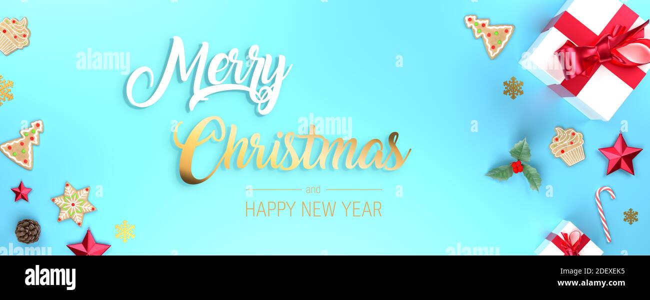 Frohe Weihnachten blaue Banner. Rahmen dekorative Banner mit Geschenken, Sternen und roten Bändern. Festlicher Platz für festliche Weihnachtskopien. 3d-Rendering. Stockfoto