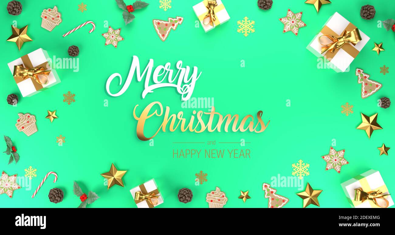 Frohe Weihnachten grünes Banner. Rahmen dekorative Banner mit Geschenken, Sternen und goldenen Bändern. Festlicher Platz für festliche Weihnachtskopien. 3d-Rendering. Stockfoto Frohe Weihnachten grünes Banner. Rahmen dekorative Banner mit Geschenken, Sternen und goldenen Bändern. Festlicher Platz für festliche Weihnachtskopien. 3d-Rendering. Stockfoto