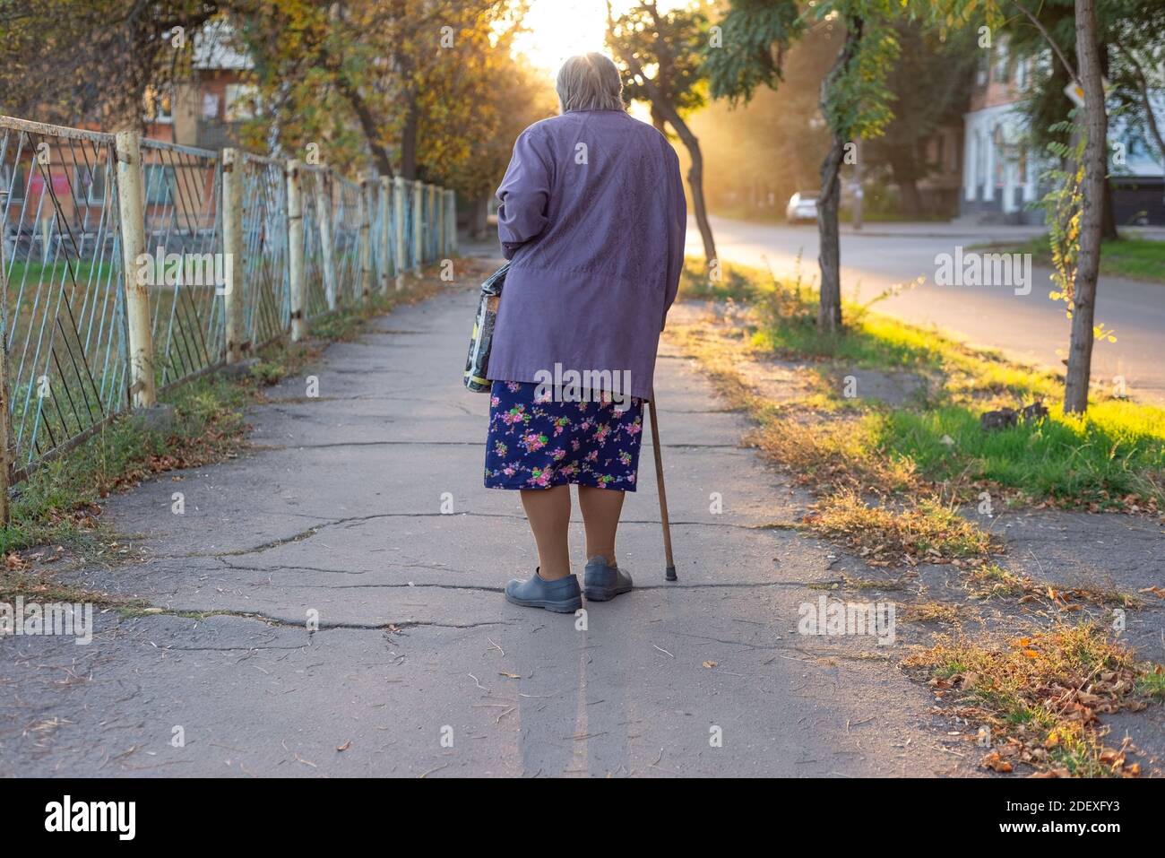 Einsame Oma Mit Einem Stock In Der Stra E Von Hinten Aus Dem R Cken Alte Frau Auf Der Stra E