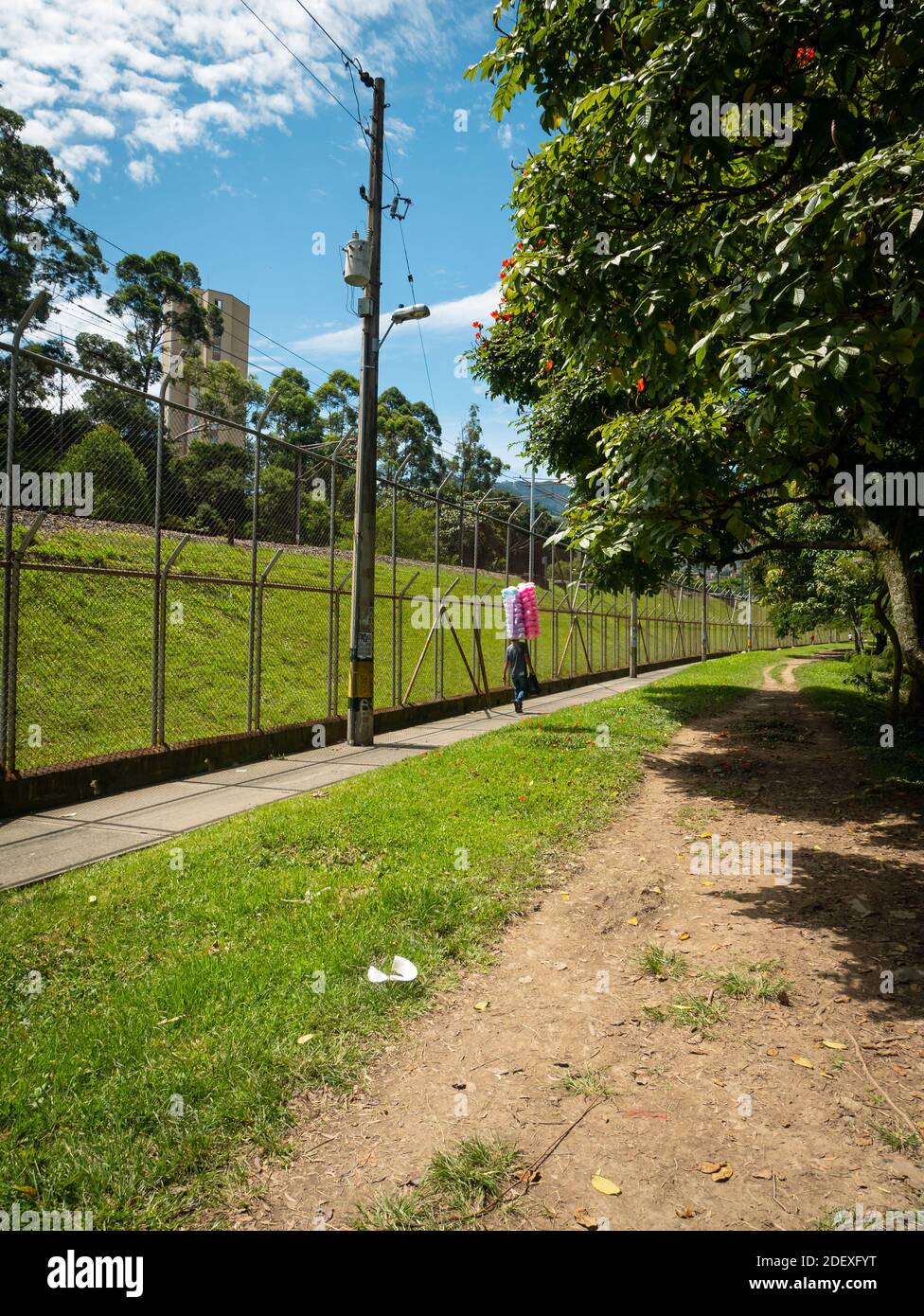 MEDELLIN, KOLUMBIEN - 16. Nov 2020: Medellin, Antioquia, Kolumbien - 15 2020. November: Verkäufer zu Fuß in einem Park mit rosa, hellblau und lila Baumwolle Stockfoto