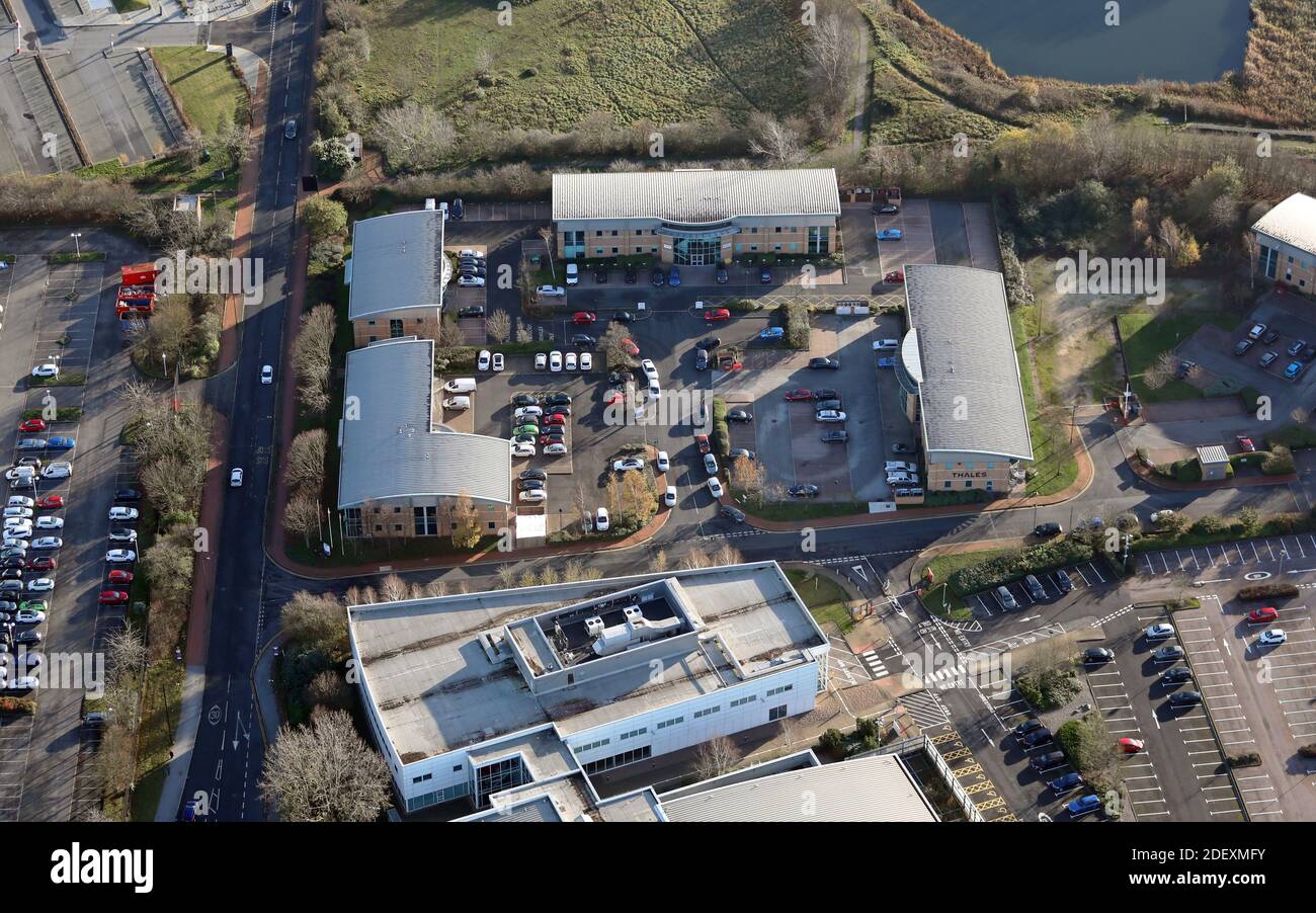 Luftaufnahme von Carolina Court, einem Gewerbegebiet in der Nähe von Lakeside in Doncaster, Großbritannien Stockfoto