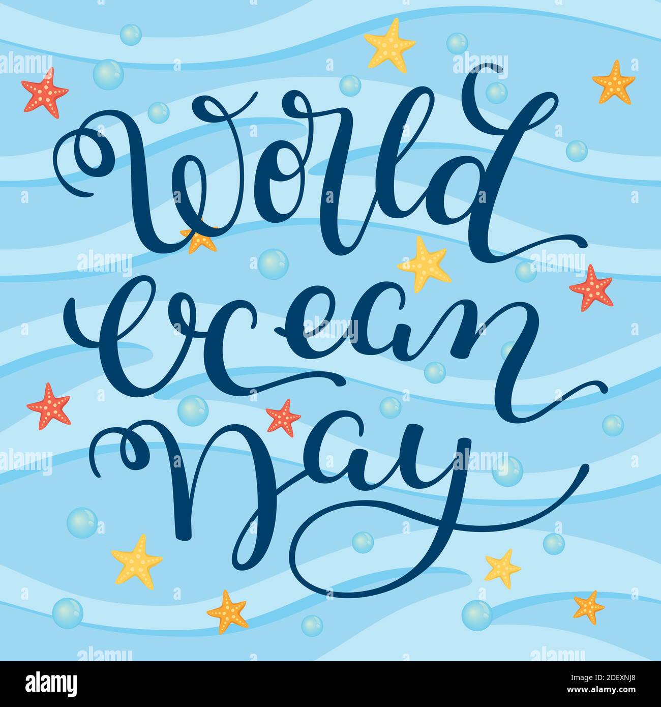 Hand Schriftzug World Ocean Day. Vorlage für Karte, Poster, Druck. Stock Vektor