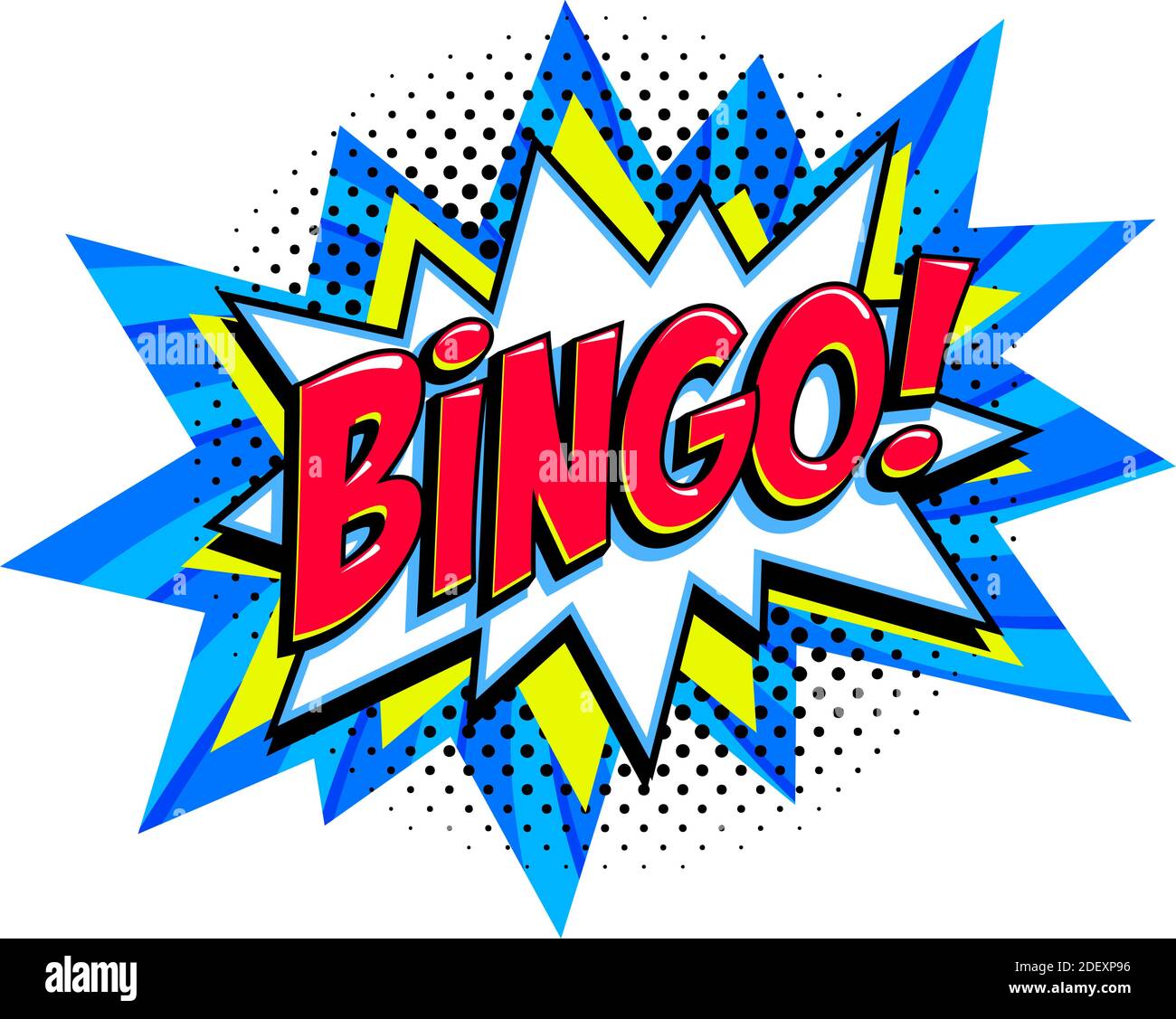 Bingo - Lotterie blauen Vektor-Banner. Lotterie-Spiel Hintergrund in Comic Pop-Art-Stil. Cartoon Vektorgrafik. Stock Vektor