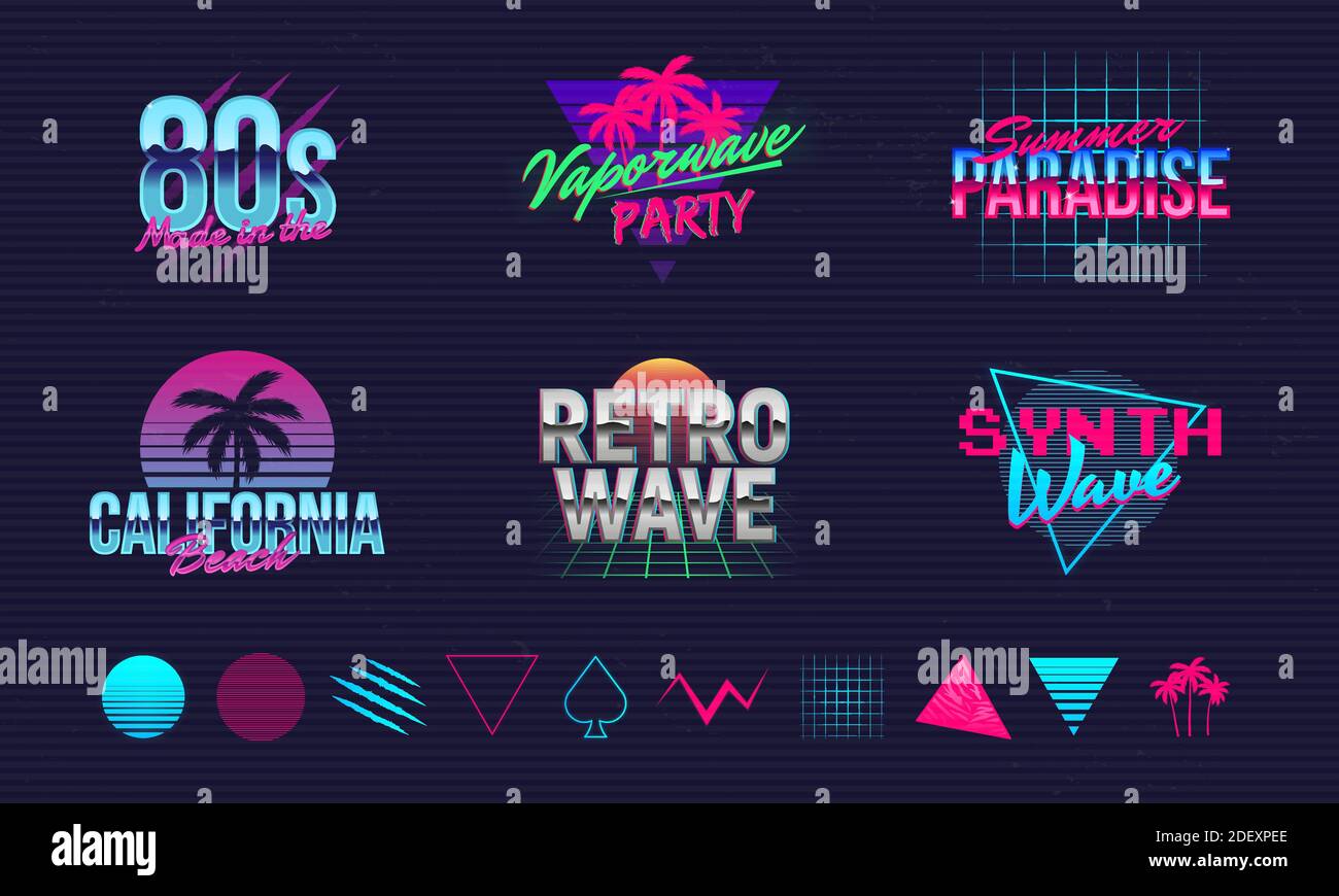 6 Retro-Neon-Logo-Vorlagen und 10 Elemente, um Ihr eigenes Design zu erstellen. Druck für T-Shirt, Banner, Poster, Cover, Badge und Label. Retro 80er Jahre. Vektor Stock Vektor