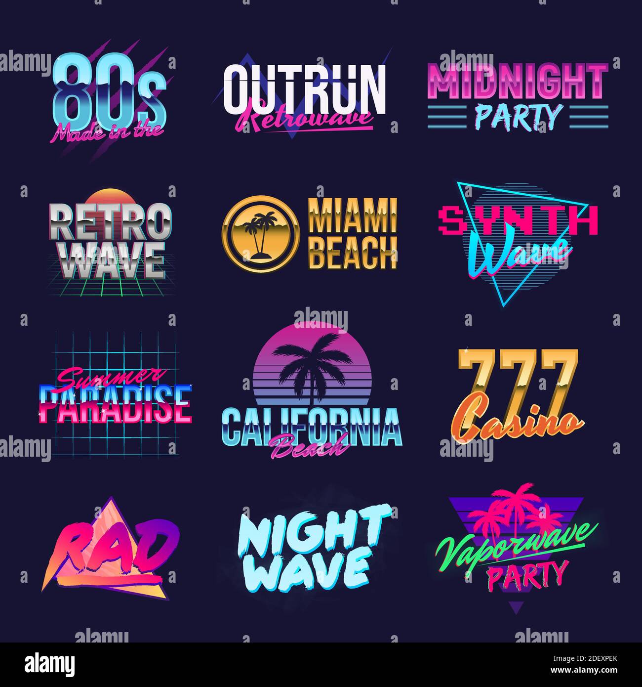 Lassen Sie sich von Retro-Logos entführen. Neon-Retro-Logos. Vaporwave, RetroWave, Synthwave Logo Vorlagen. Vector Retro 80er Jahre Logos Set. Trendige Vintage-Grafiken. Stock Vektor