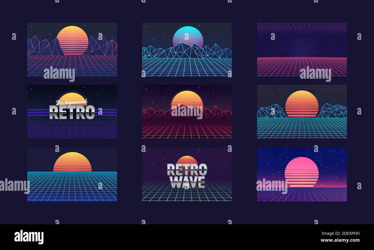 Vaporwave Hintergründe mit Laserraster und Retro-Sonne. Retro futuristische Sonnenuntergänge - abstrakte Landschaften 80er Jahre. Cyberpunk Hintergründe Vorlagen. Vektor Stock Vektor