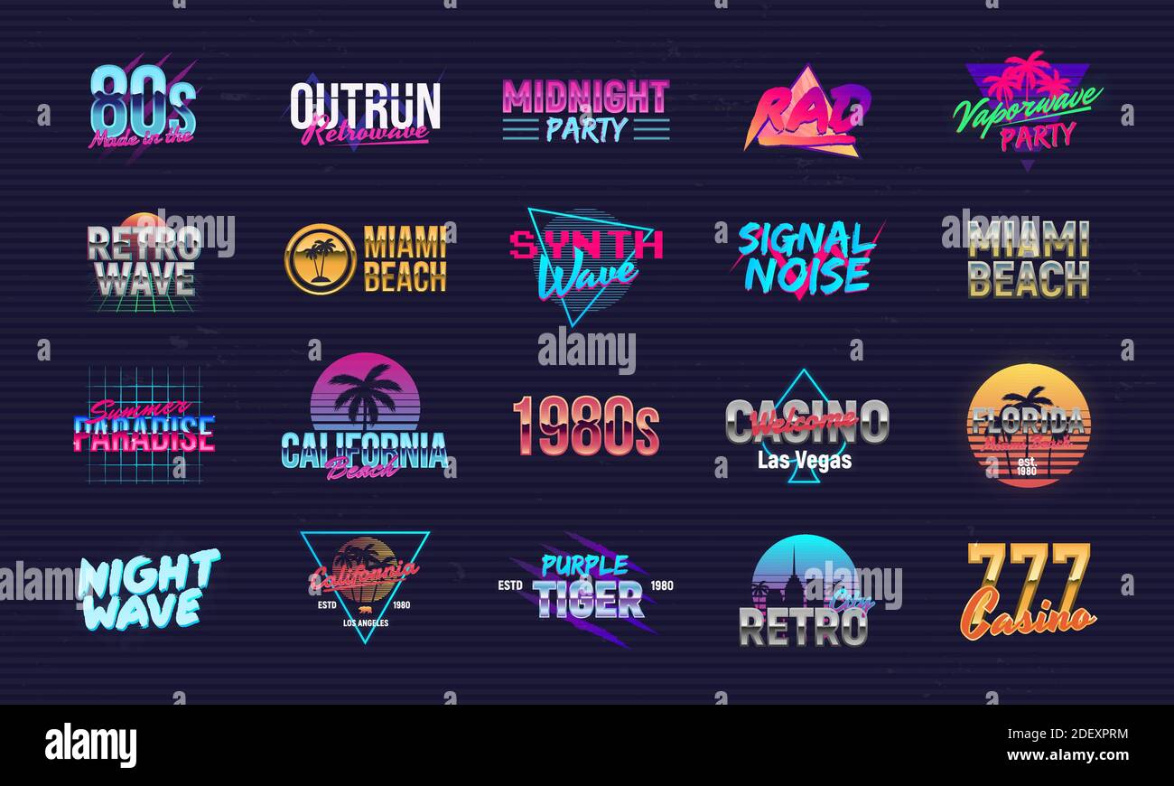 Vektor-Set von Zeichen und Logos im RetroWave-Stil. Retro 80er Jahre Logos Set für Nachtclub, Musikalbum, Party Einladung. 20 farbenfrohe Neon-Logo-Designs. Stock Vektor