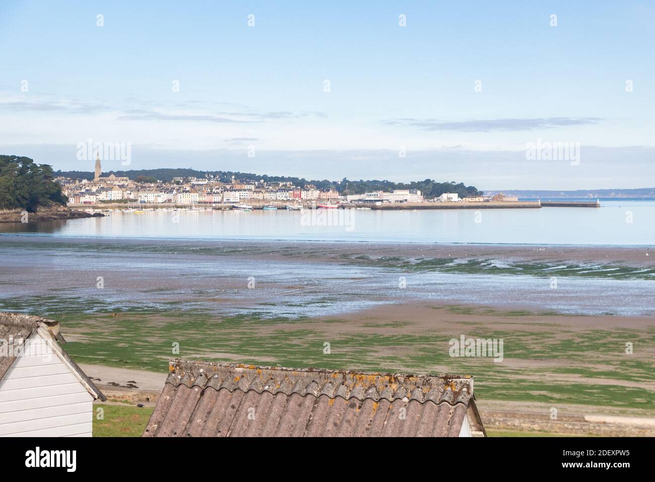 RIS Strand in Douarnenez mit grüner Alge bei Ebbe Stockfoto